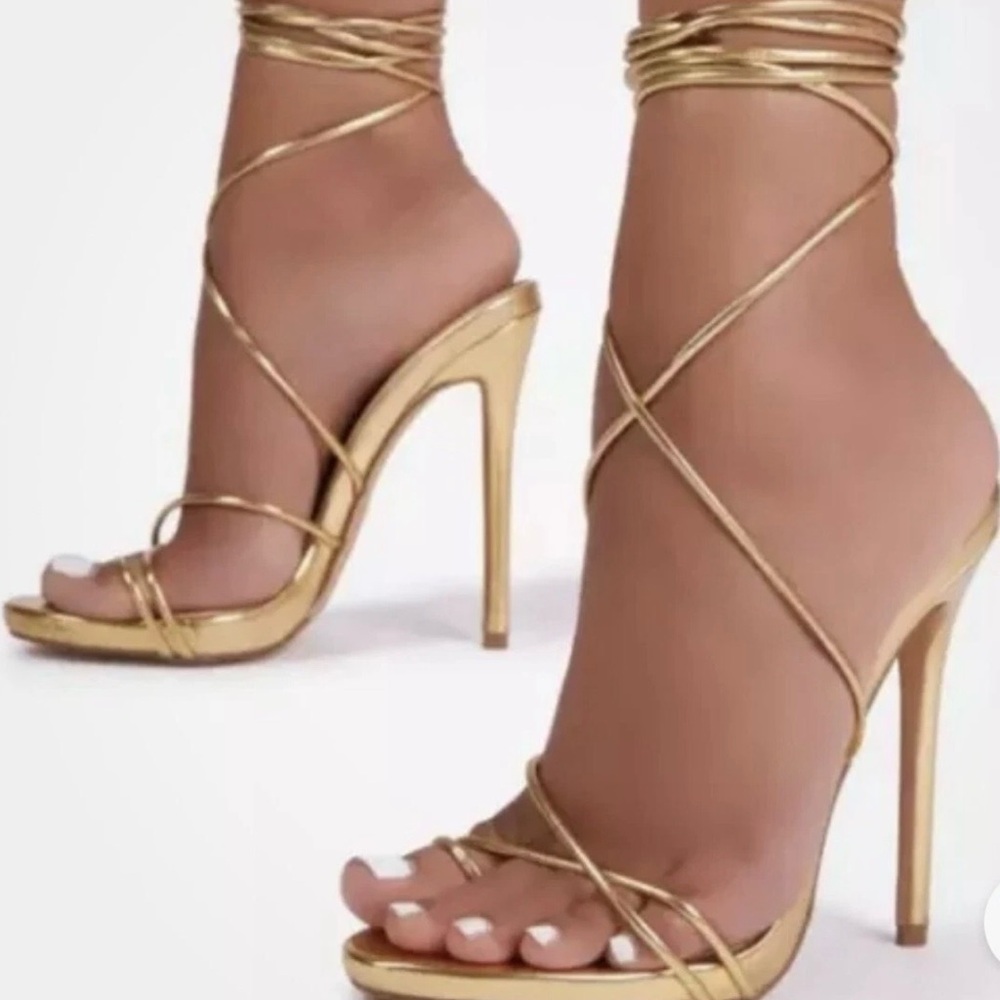 EGO Strappy Stiletto Wrap Around Women's Heels- US Size 8 Gold Party Shoes